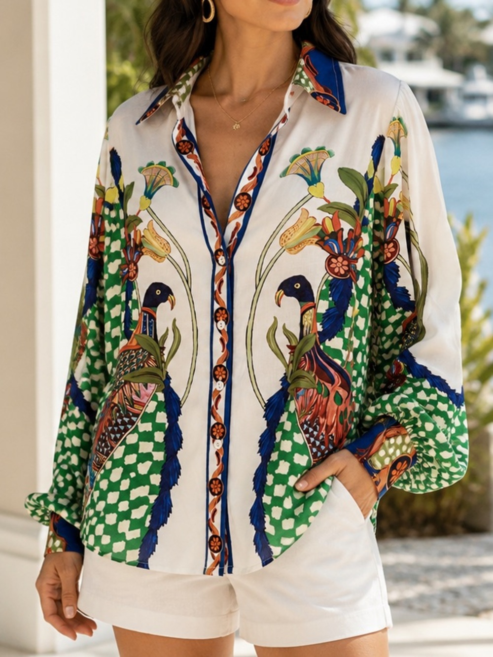 LUXXEL Palm Beach Tropical Statement Blouse Button Down | Size Small